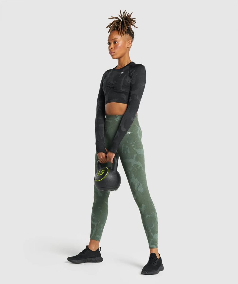 Women's Gymshark Adapt Camo Seamless Long Sleeve Cropped Tops Black | CA 75603A